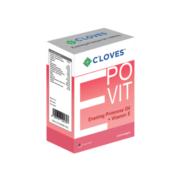 C'loves Evening Primrose Oil + Vitamin E Softgels, EPO, Vitamin E, hormone balance, PMS, menopausal symptoms, Women supplement.